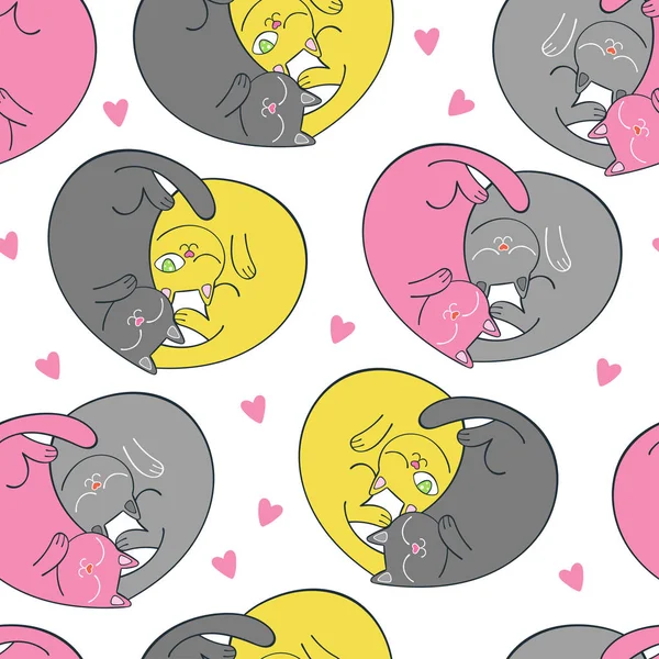 可愛い猫2匹漫画動物 ハート型 シームレスなベクトルパターン — ストックベクタ