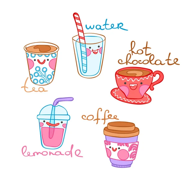 Boissons Eau Café Thé Chocolat Chaud Limonade Tasses Tasses Jeu — Image vectorielle