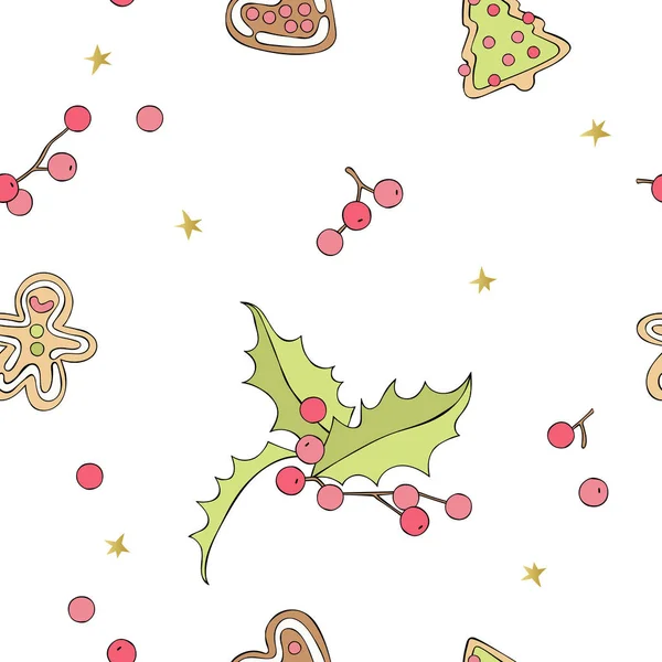 蜜饯和圣诞饼干 白羊座和星星 无缝线矢量模式 假日印刷品 — 图库矢量图片