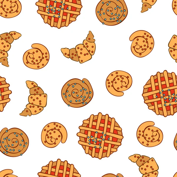 Produtos Padaria Bun Croissant Torta Baga Comida Desenhos Animados Padrão — Vetor de Stock