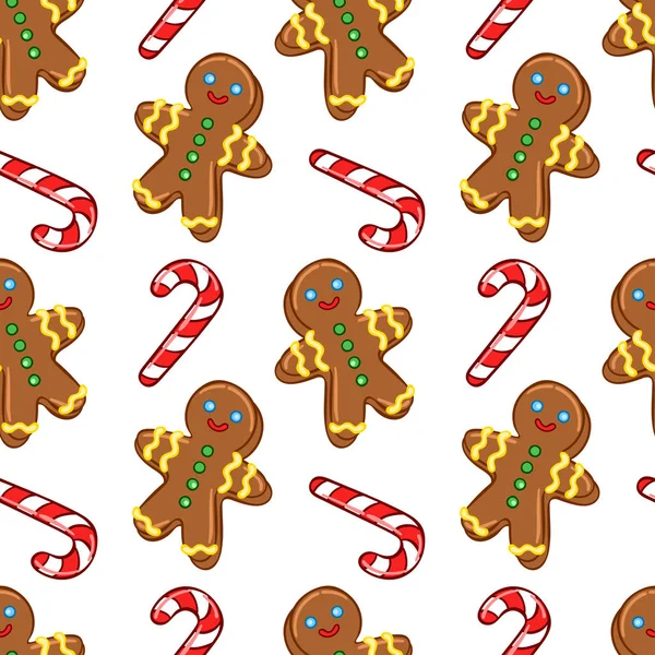 姜饼人 棒棒糖 圣诞糖果 无缝线矢量模式 假日印刷品 — 图库矢量图片