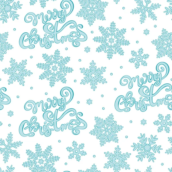 Frohe Weihnachten Schriftzug Schneeflocken Und Sterne Blau Nahtlose Vektormuster Hintergrund — Stockvektor