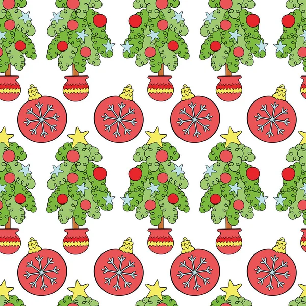 Weihnachtsbaum Weihnachtsball Cartoondruck Nahtlose Vektormuster Hintergrund Feiertagsschmuck — Stockvektor