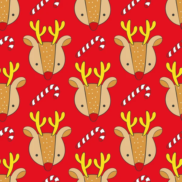 圣诞鹿 可爱的动物 棒棒糖片 卡通印刷品 无缝线矢量模式 — 图库矢量图片