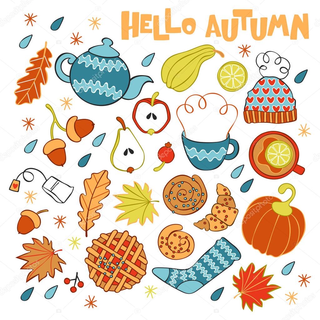 Hello, Autumn. Hot drinks: tea and coffee. Baking: pie, bun and croissant. Autumn leaves and acorns. Knitwear: hat and socks. Pumpkin. Isolated vector object on a white background. Set.