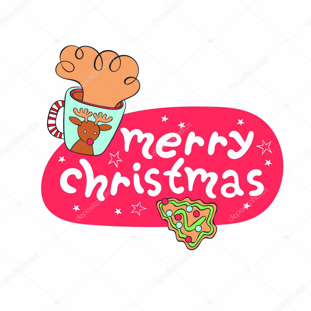 Merry Christmas. Lettering. Hot drink cup. Christmas gingerbread cookie. Isolated vector object on a white background. Holiday card. Red.