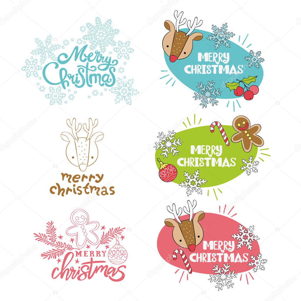 Merry Christmas. Set. Cute christmas deer. Cookies - Gingerbread Man.  Candy - lollypop. Snowflakes. Lettering. Holiday card. Isolated vector object.