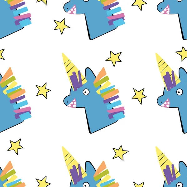 Unicornios Estrellas Dibujo Infantil Patrón Vector Sin Costura Fondo Impresión — Vector de stock