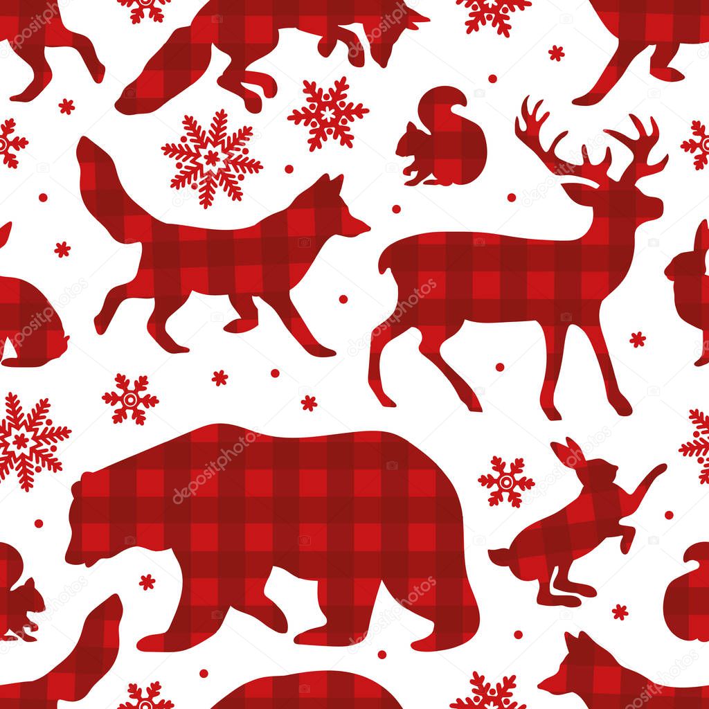 Buffalo plaid woodland. Winter forest animal. Bear, deer, fox, wolf, hare, squirrel. Red checkered print. Snowflakes. Seamless vector pattern (background).