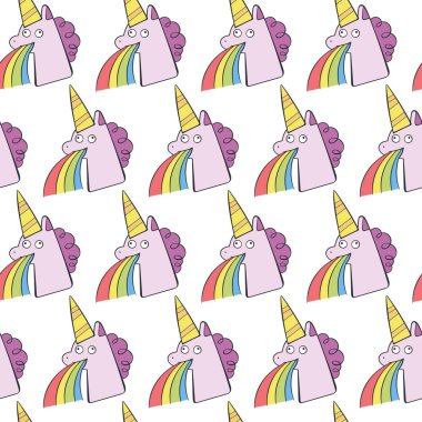 Komik tek boynuzlu at. Gökkuşağı. Kusursuz vektör deseni (arkaplan). Çizgi film baskısı.