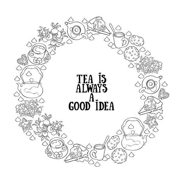 茶总是一个好主意 让人恶心 茶壶和茶杯 馅饼和饼干 巧克力糖果 圆形的框架花环 白色背景上的孤立矢量物体 — 图库矢量图片