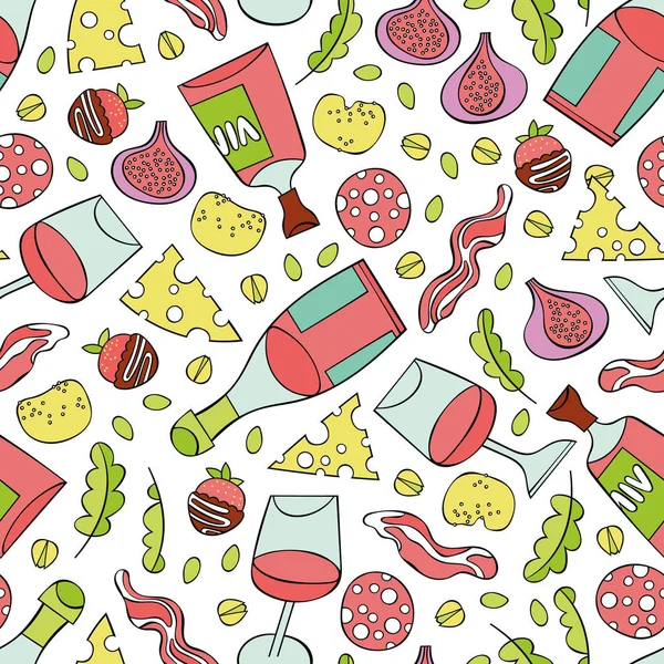 无花果 覆满巧克力的草莓 蔬菜和开心果 无缝线矢量模式 卡通食品印刷品 — 图库矢量图片
