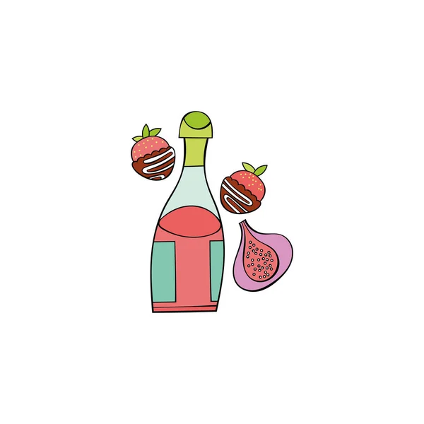 红酒瓶 无花果 巧克力覆盖的草莓 白色背景上的分离向量对象 卡通食品 — 图库矢量图片