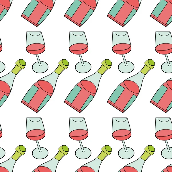 Червоне Вино Пляшка Винний Келих Безшовний Векторний Візерунок Фону Мультяшний — стоковий вектор