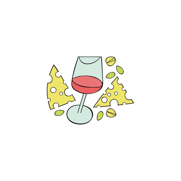 Винний Келих Червоне Вино Сирний Шматочок Горіхи Фісташкові Мультяшна Їжа — стоковий вектор