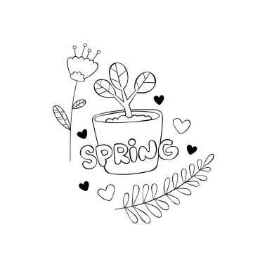 Bahar. Saksıda bitki var. Bahçe. Yapraklı çiçekler ve dallar. Kalpler. Beyaz arkaplandaki izole vektör nesnesi. Siyah beyaz çizim. Etiket.