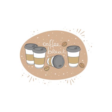 Kahve molası. Mektup. Kahve kağıdı bardakları. Kahve çekirdeği. Beyaz arkaplandaki izole vektör nesnesi.
