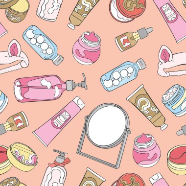 Krem, merhem, şampuan, esans, tonik. Ayna. Hazır ol. Kusursuz desen. Vektörsüz arkaplan. 