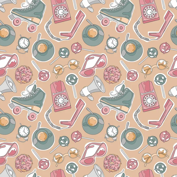 Vintage Set Telefoon Rolschoenen Zonnebril Warme Drank Thee Koffie Sweets — Stockvector