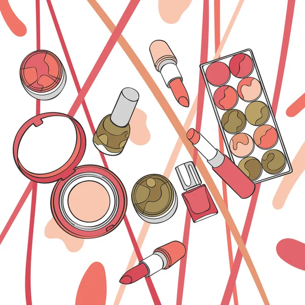 Cosméticos Lápiz Labial Rímel Polvo Esmalte Uñas Art Objetos Vectoriales — Vector de stock