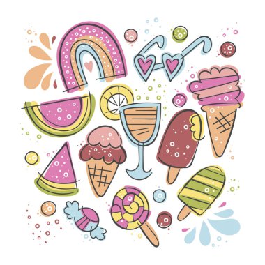 Dondurma, karpuz, kokteyl, gökkuşağı. Şekerler, soğuk içecekler, güneş gözlükleri. Çizgi film karalamaları. İzole vektör nesneleri. Ayarla.