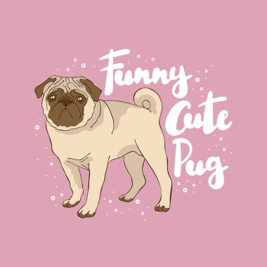Komik şirin köpek. Mektup. Köpek Pug. Çizgi film hayvanı. İzole vektör nesneleri. Pembe.. 