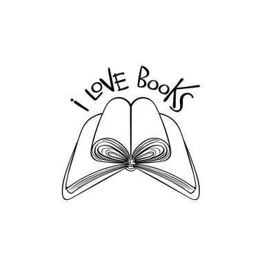 Kitaplara bayılırım. Mektup. Mesaj at. Açık kitap. Sayfalar. Siyah beyaz çizim. Beyaz arka plan. İzole vektör nesnesi.