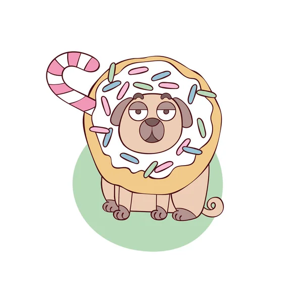 Joli Chiot Pug Chiot Animal Dessin Animé Donut Bonbons Sucette — Image vectorielle