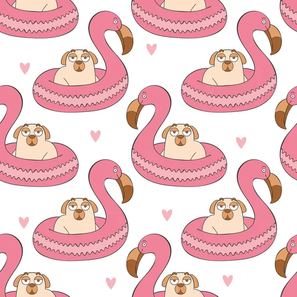 Bouée Sauvetage Flamant Rose Joli Tapis Dessin Animé Pug Chiot — Image vectorielle