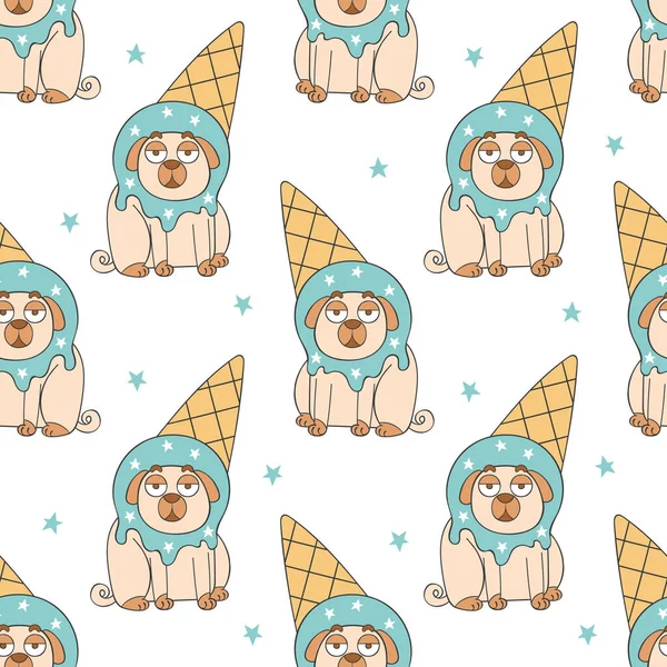 アイスクリームだ アイスクリームコーン かわいい漫画のパグ 子犬の子犬 漫画動物 シームレスなベクトルパターン 面白い Print — ストックベクタ