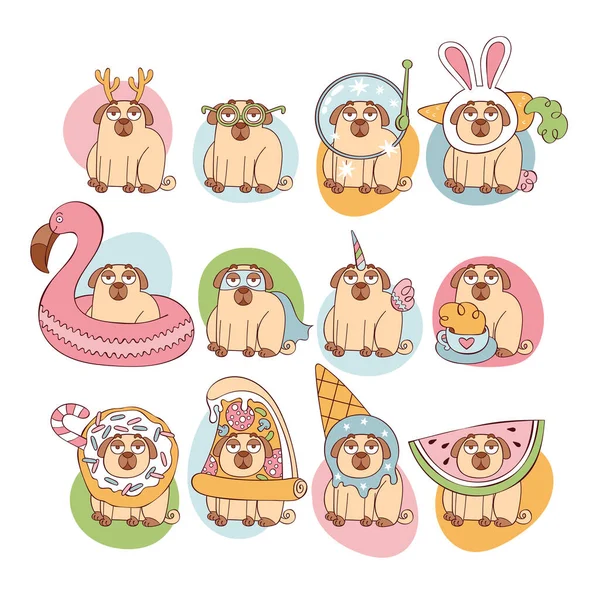 Lindos Pugs Dibujos Animados Cachorros Animal Dibujos Animados Listos Objetos — Archivo Imágenes Vectoriales