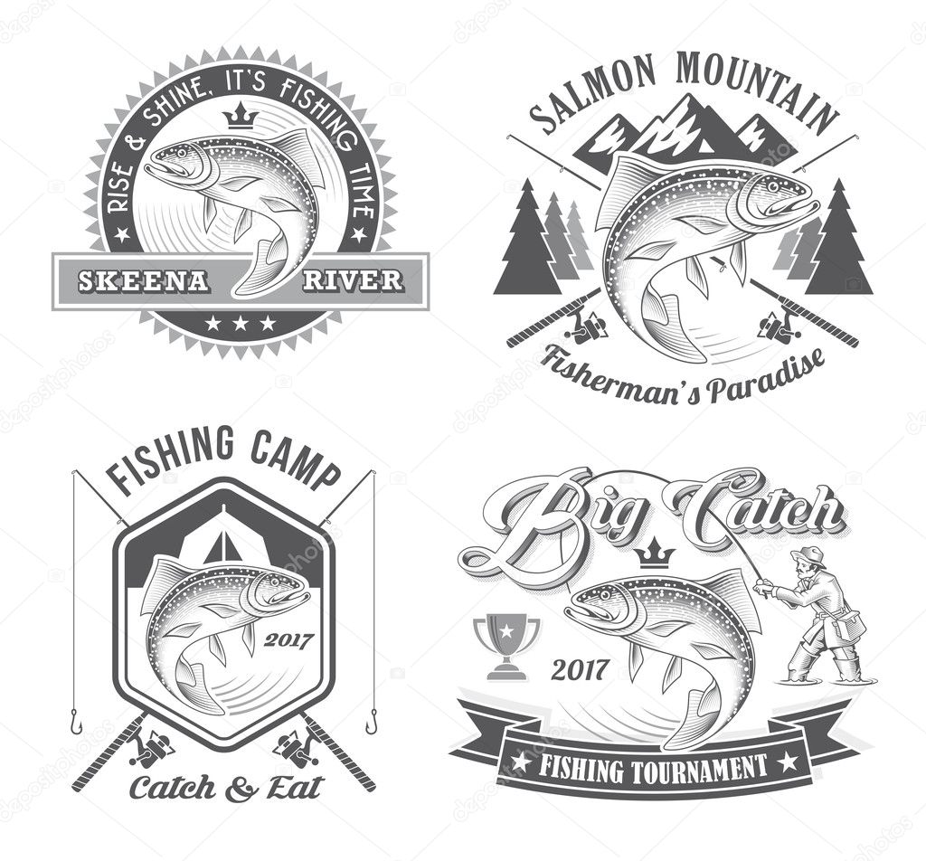 Classic vintage looking vector illustrations for fishing tournament or Angling club logos