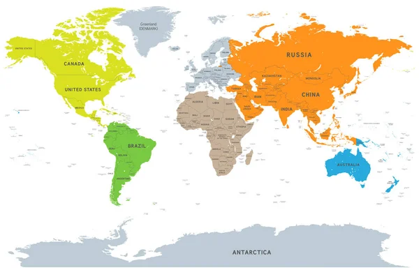 Vektorová mapa podrobná kontinentu světa — Stockový vektor