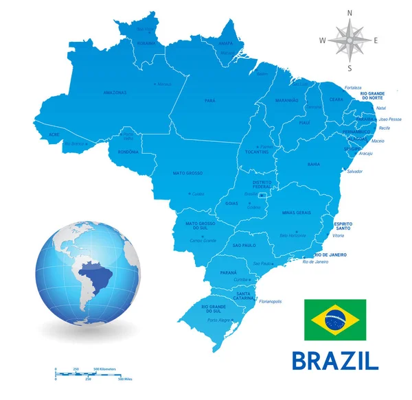 Blauwe administratieve Brazilië Vector kaart — Stockvector