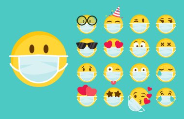 Yüzünde tıbbi maske olan bir dizi emoji. Farklı yuvarlak sarı emoticonlar koronavirüsün yayılmasına karşı korur. Sosyal ağlar için bir dizi emoji, kişisel izolasyon. Düz vektör illüstrasyonu
