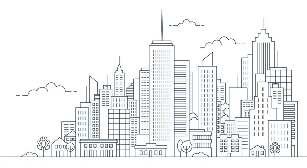 Панорама Города Стиле Тонкой Линии Иллюстрация Городской Ландшафтной Улицы Автомобилями — стоковый вектор