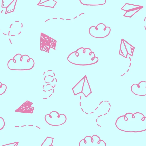 Serbest el çekilmiş uçak ve bulutlar ile vektör seamless modeli