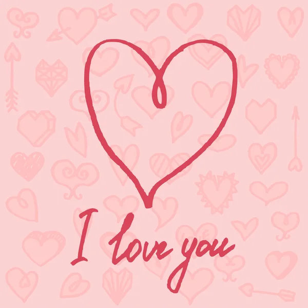 Vektör çizim Sevgililer günü kartı serbest çizilmiş karikatür kalp ve metin ile birlikte