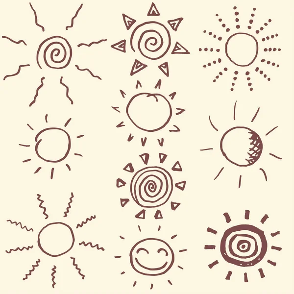 Ensemble de soleils dessinés à main levée — Image vectorielle