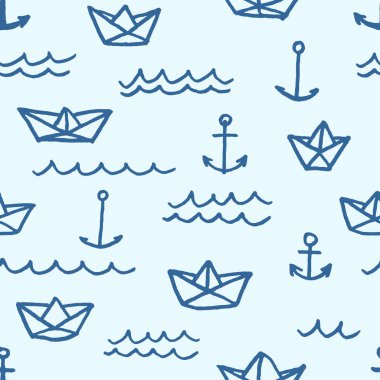 Vektör seamless modeli ile serbest el çekilmiş kağıt gemiler çapa ve dalgalar