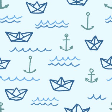 Vektör seamless modeli ile serbest el çekilmiş kağıt gemiler çapa ve dalgalar