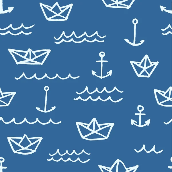 Vektör seamless modeli ile serbest el çekilmiş kağıt gemiler çapa ve dalgalar