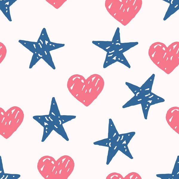 Vector seamless pattern with freehand drawn cartoon hearts and stars — Stock Vector