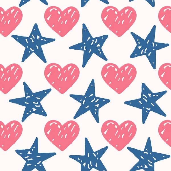 Vector seamless pattern with freehand drawn cartoon hearts and stars — Stock Vector