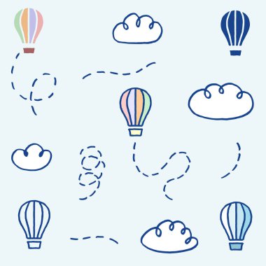 Vektör çizim set farklı serbest çizilmiş karikatür kağıt balon parça ve çocuk renkleri farklı varyasyonlarını çocukça tarzında yapılmış bulutlar ile