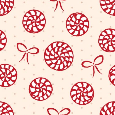 Vektör Serbest çizilmiş karikatür şeker şeker ile lekeli ile bej renkli arka plan üzerinde yay ile seamless modeli