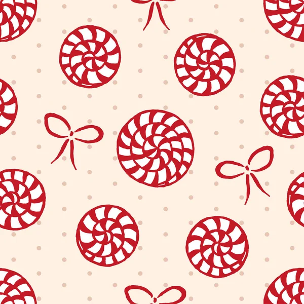 Vektör Serbest çizilmiş karikatür şeker şeker ile lekeli ile bej renkli arka plan üzerinde yay ile seamless modeli