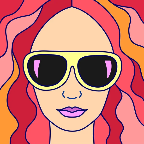 Vektör çizim siyah gözlük Kızıl saçlı serbest çizilmiş karikatür kızla 