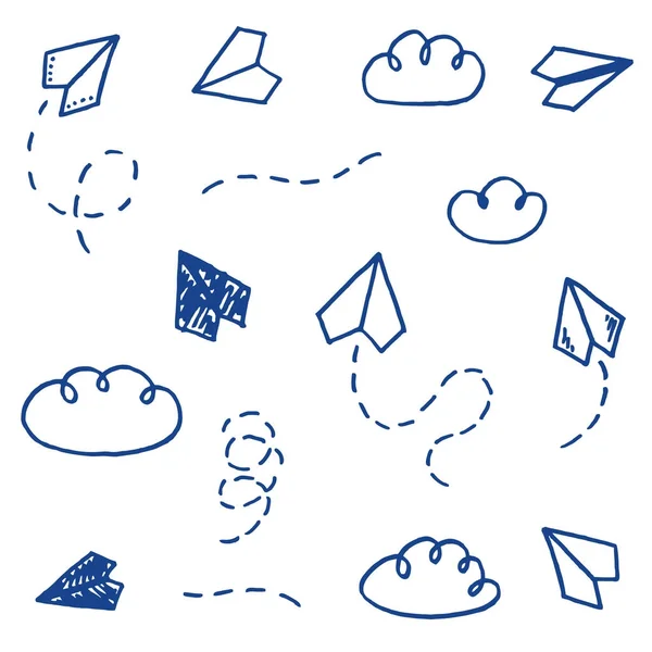 不同手绘卡通纸飞机的矢量插图集儿童孩子气风格的轨道和云 图库插图