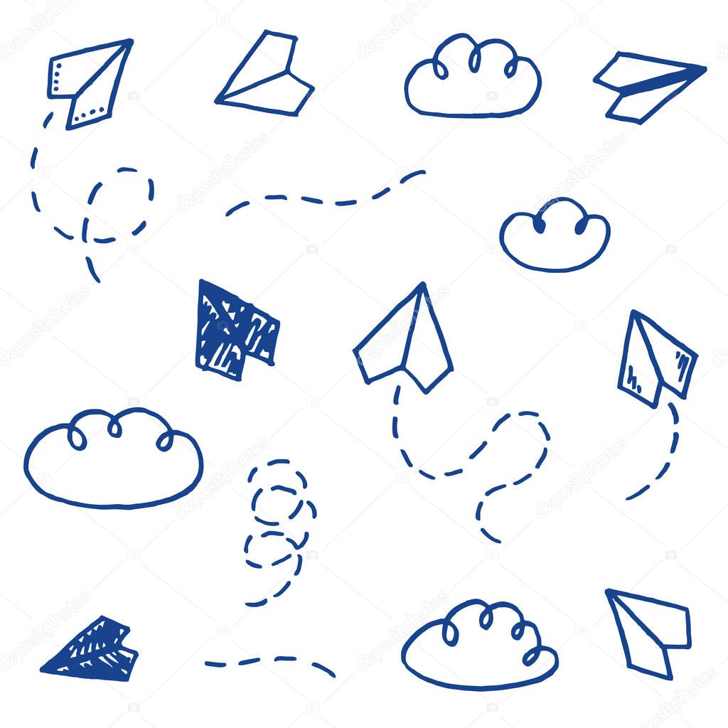 Vector illustration set of different freehand drawn cartoon paper planes with tracks and clouds made in kid childish style